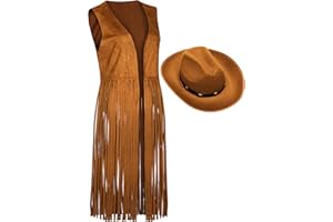Foaincore Fringe Vests Cowgirl Outfits for Women 70s Hippie Clothes Vest Jacket Faux Suede Tassels Western Cowgirl Hat