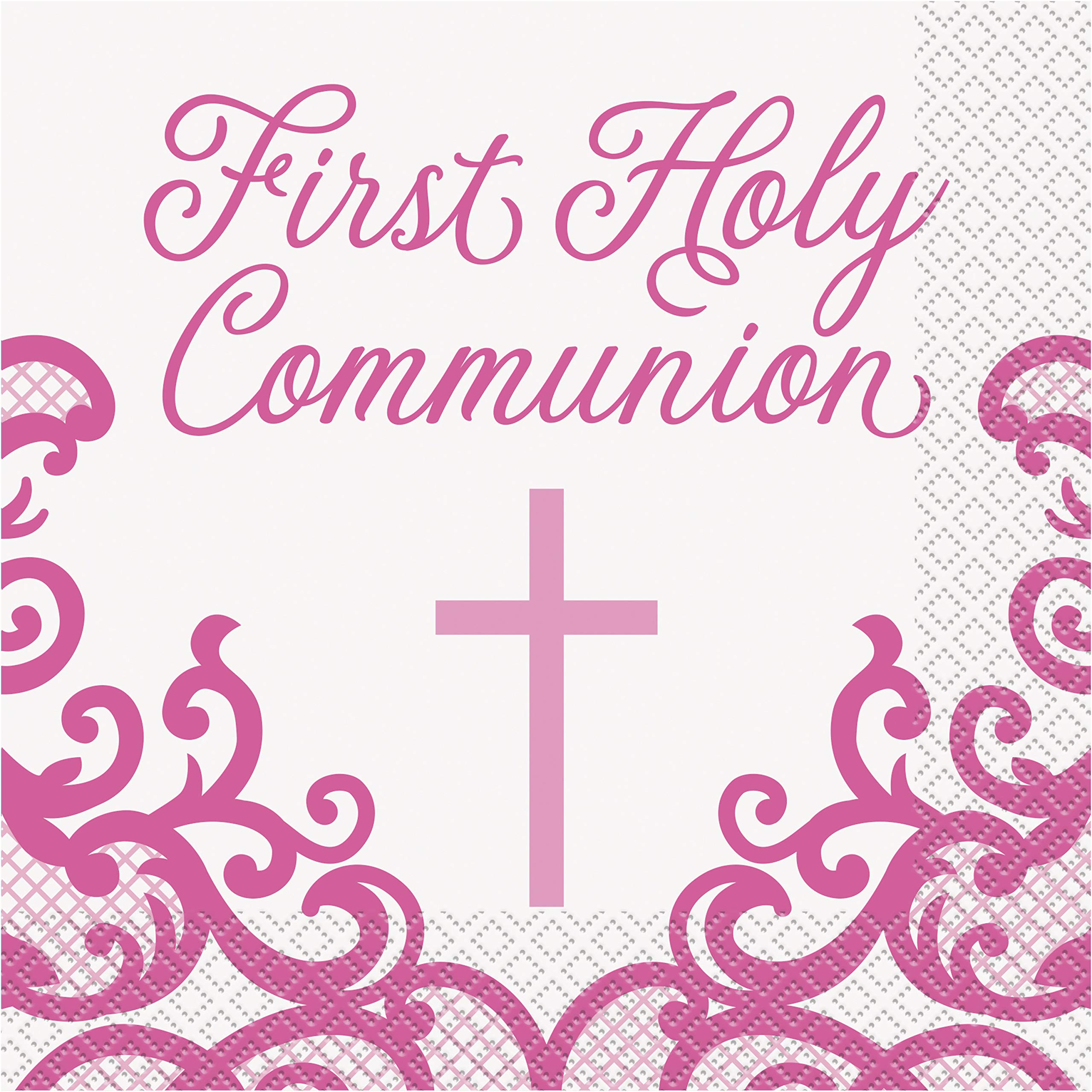 Elegant Pink Cross First Communion Napkins (16cm) - Premium Metallic Pink Design - Perfect for Holy Communion Celebrations & Special Events - 16ct