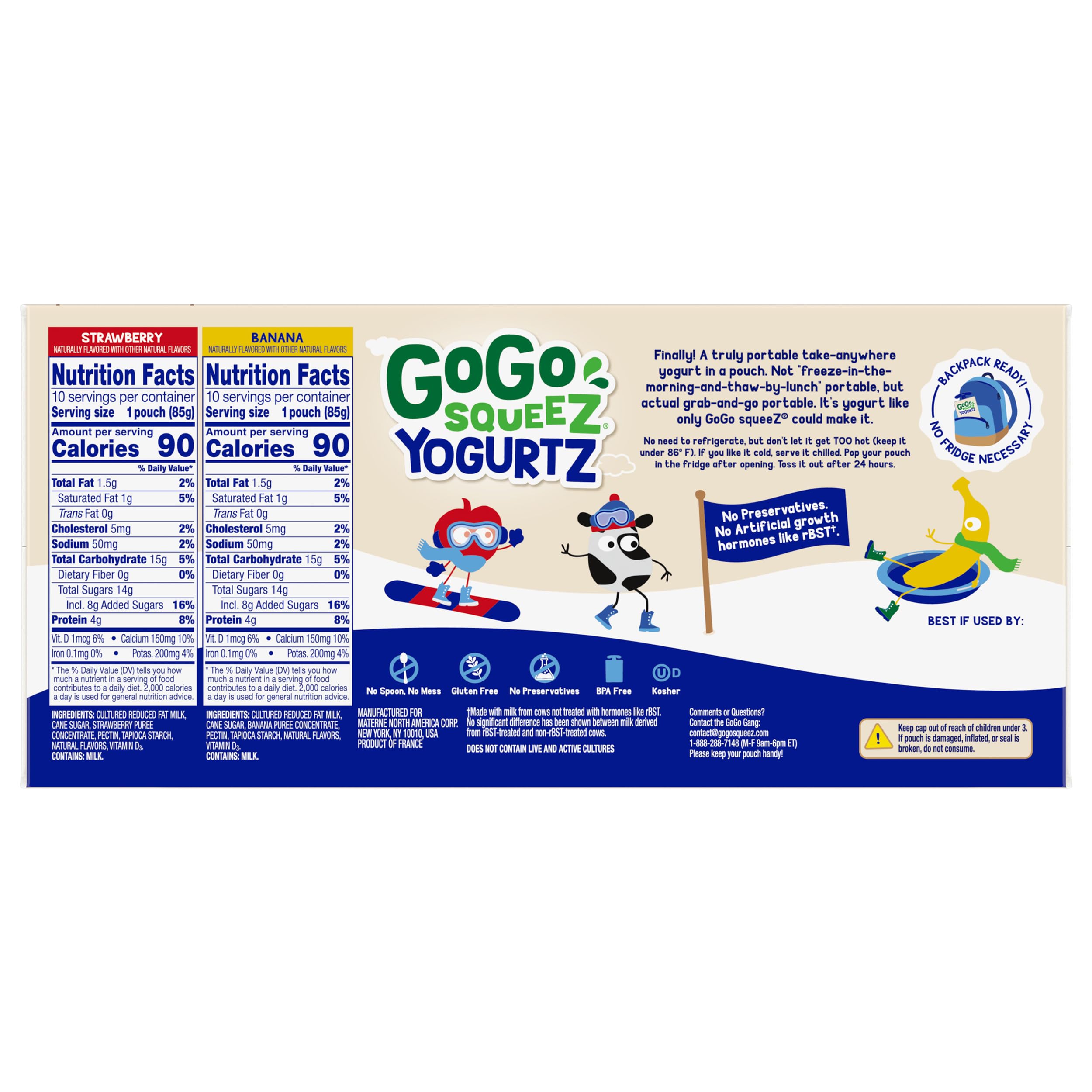 GoGo squeeZ yogurtZ Variety Pack, Strawberry & Banana, 3 oz (Pack of 20), Kids Snacks Made from Real Yogurt and Fruit, No Fridge Needed, Gluten Free, Nut Free, Recloseable Cap, BPA Free Pouches