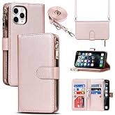 Jaorty Crossbody Wallet for iPhone 11 Pro Max Case with Strap,6.5",Rosegold | for Women Men,Credit Card Holder,9 Card Slots,Purse,Long Shoulder Lanyard,Short Wrist Strap,Zipper Pocket,PU Leather