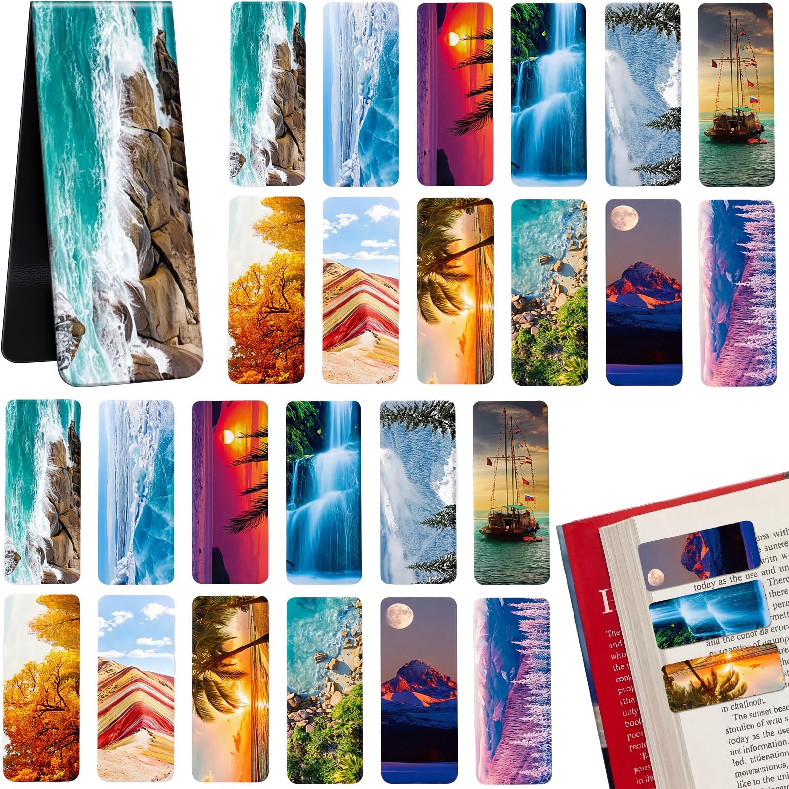 Tenare 24 Pcs Magnetic Bookmarks 12 Styles Magnet Page Markers Assorted Landscape Bookmarks Clips for Reading Double Side Cute Bookmark for Women Men Students Teachers Birthday Gifts Supplies