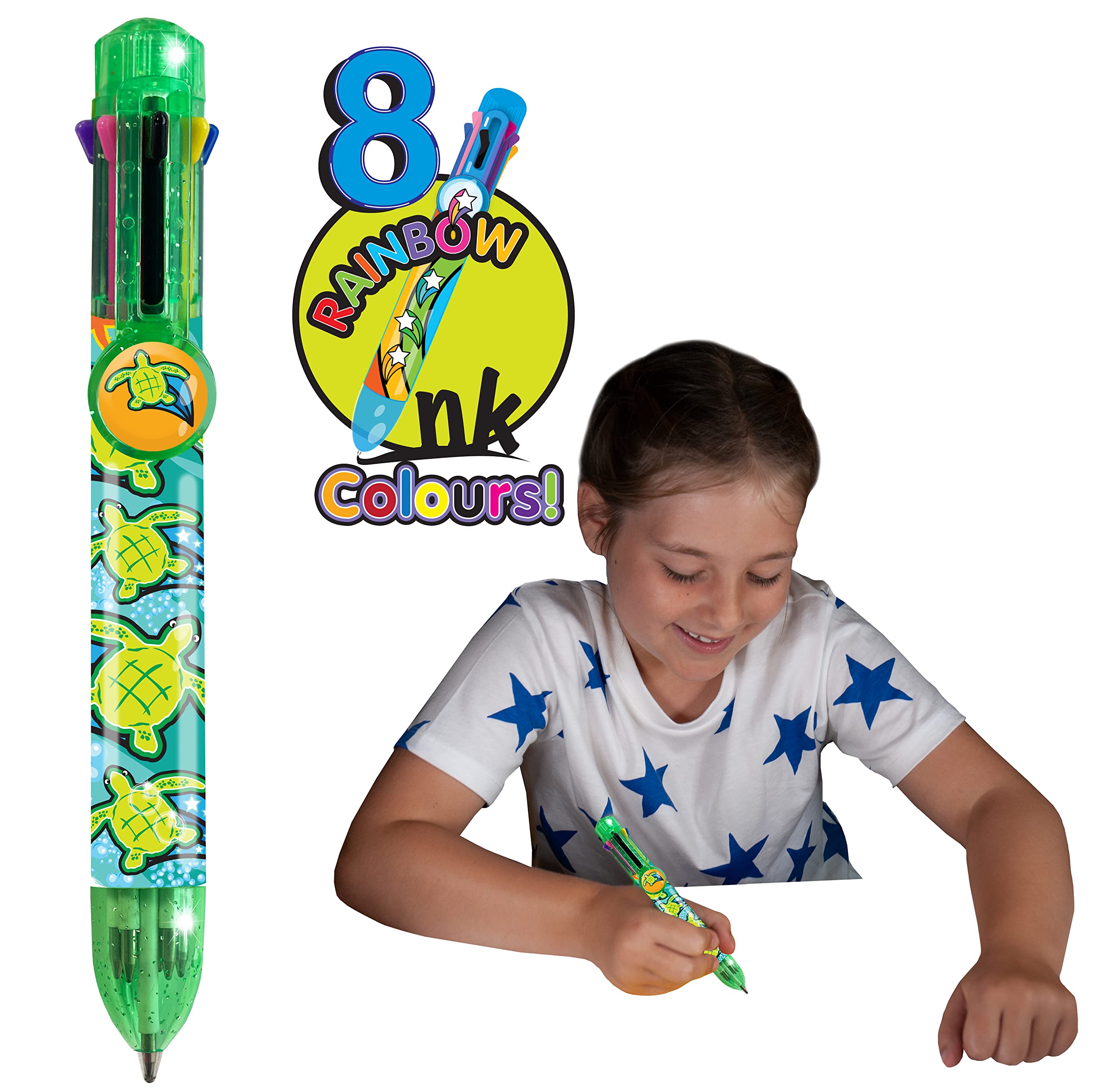 Rainbow Writer - Sea Turtle Pen by Deluxebase. 8-in-1 Multicolour Retractable Ballpoint Pen with a Green Glitter Barrel, Fun Novelty Kids Stationery, School Supplies or Party Bag Filler.