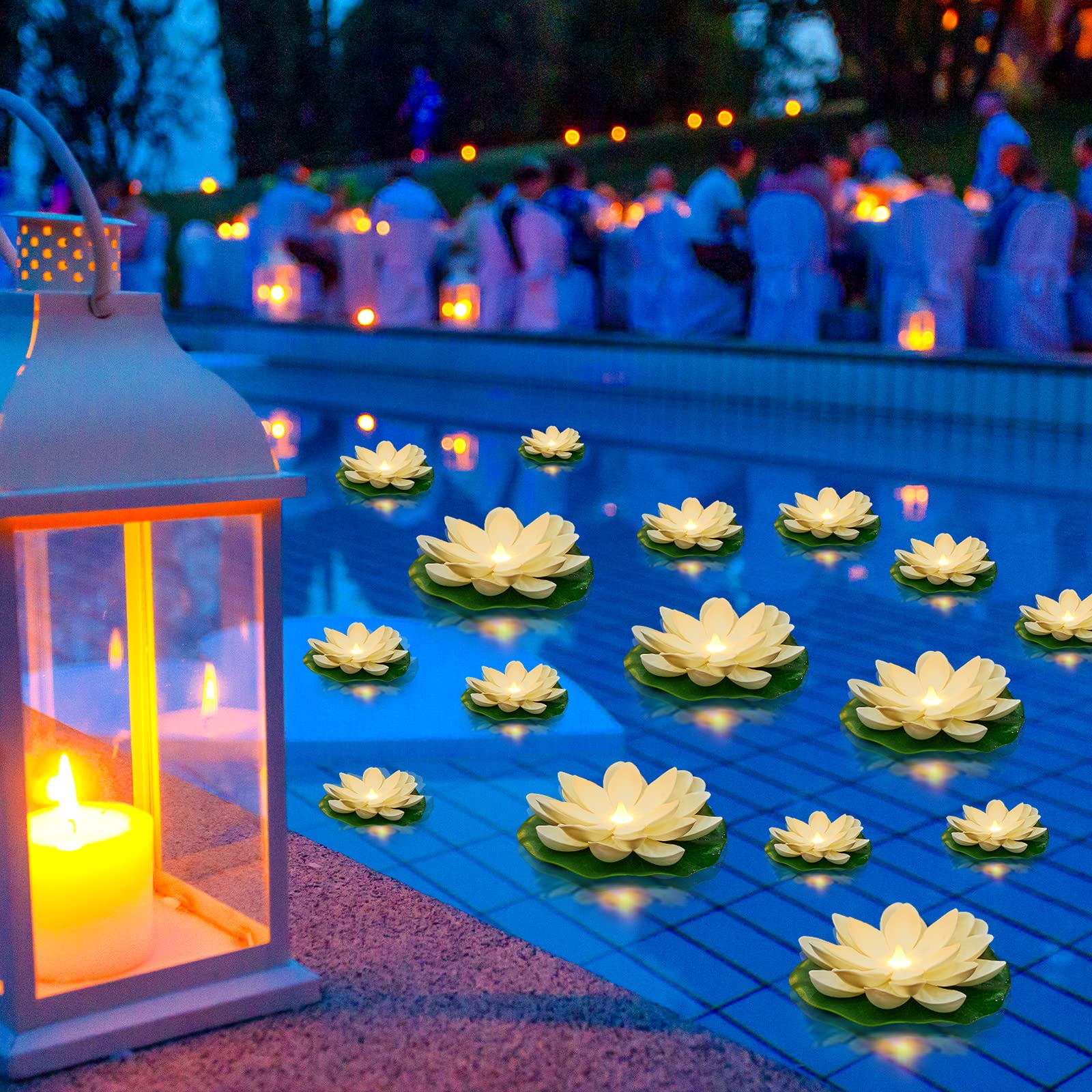 Photo 1 of Liliful 36 Pcs Diwali Lotus Decoration Floating Lights Lotus Artificial Floating Flowers for Pool with LED Lights Battery Operated for Indian Puja Ganesh chaturthi Diwali(3.94, 5.91 Inch,White)