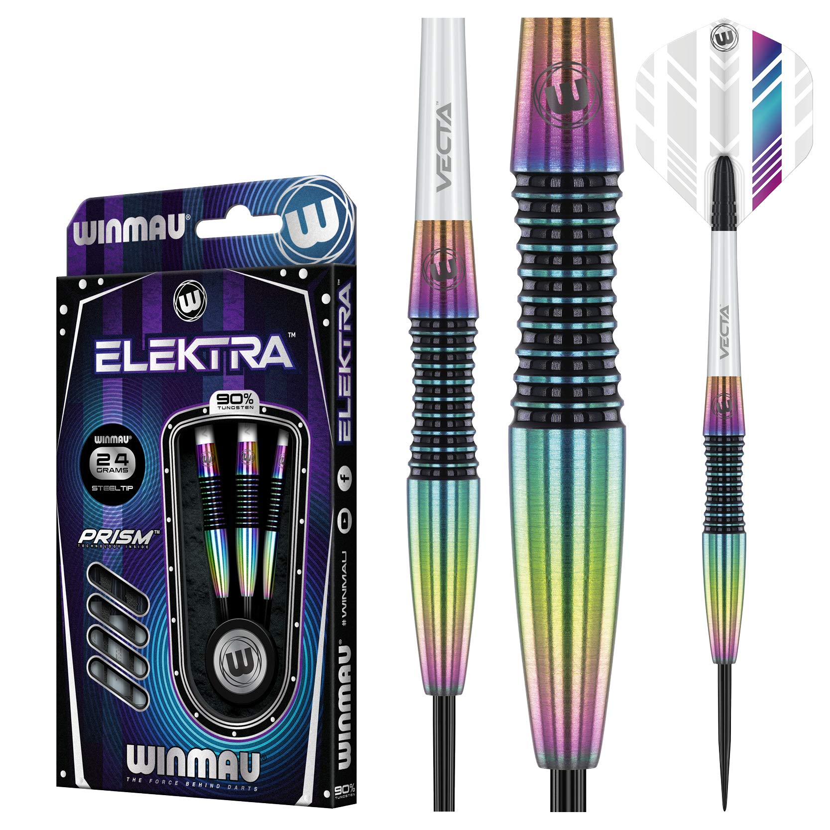 WINMAU Elektra 90% Tungsten Steel Tip Darts with Prism Flights and Vecta Shafts (Stems) 24 gram - Urban Grip - Match Weighed - Streamline Torpedo Profile