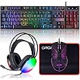 Gaming Keyboard Mouse Mousepad and Headset with mic Combo All in One USB Wired RGB Backlit Rainbow Side Button Gamer Bundle Set Compatible with PC Windows Xbox one PS4 PS5(Black)