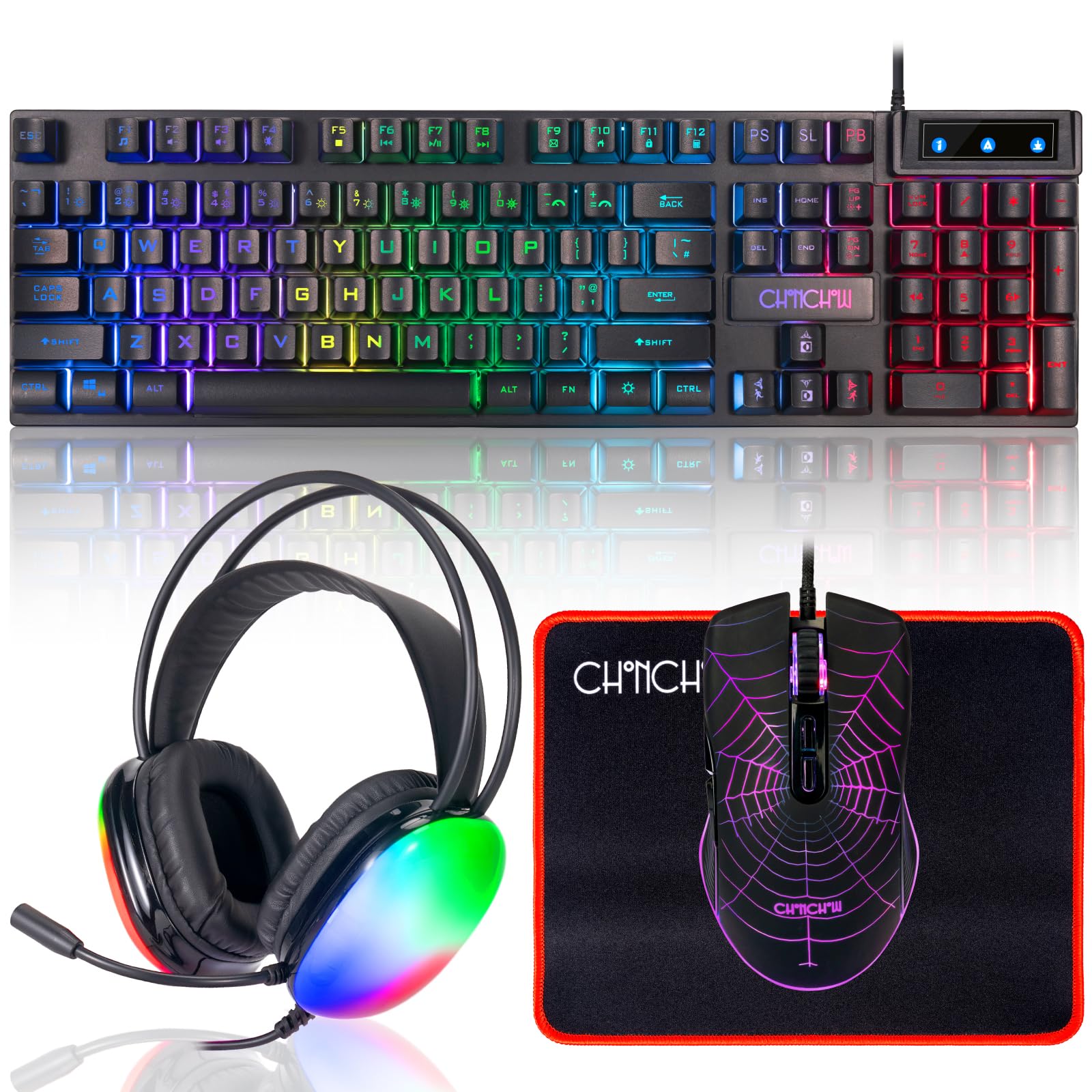 Gaming Keyboard Mouse Mousepad and Headset with mic Combo All in One USB Wired RGB Backlit Rainbow Side Button Gamer Bundle Set Compatible with PC Windows Xbox one PS4 PS5(Black)