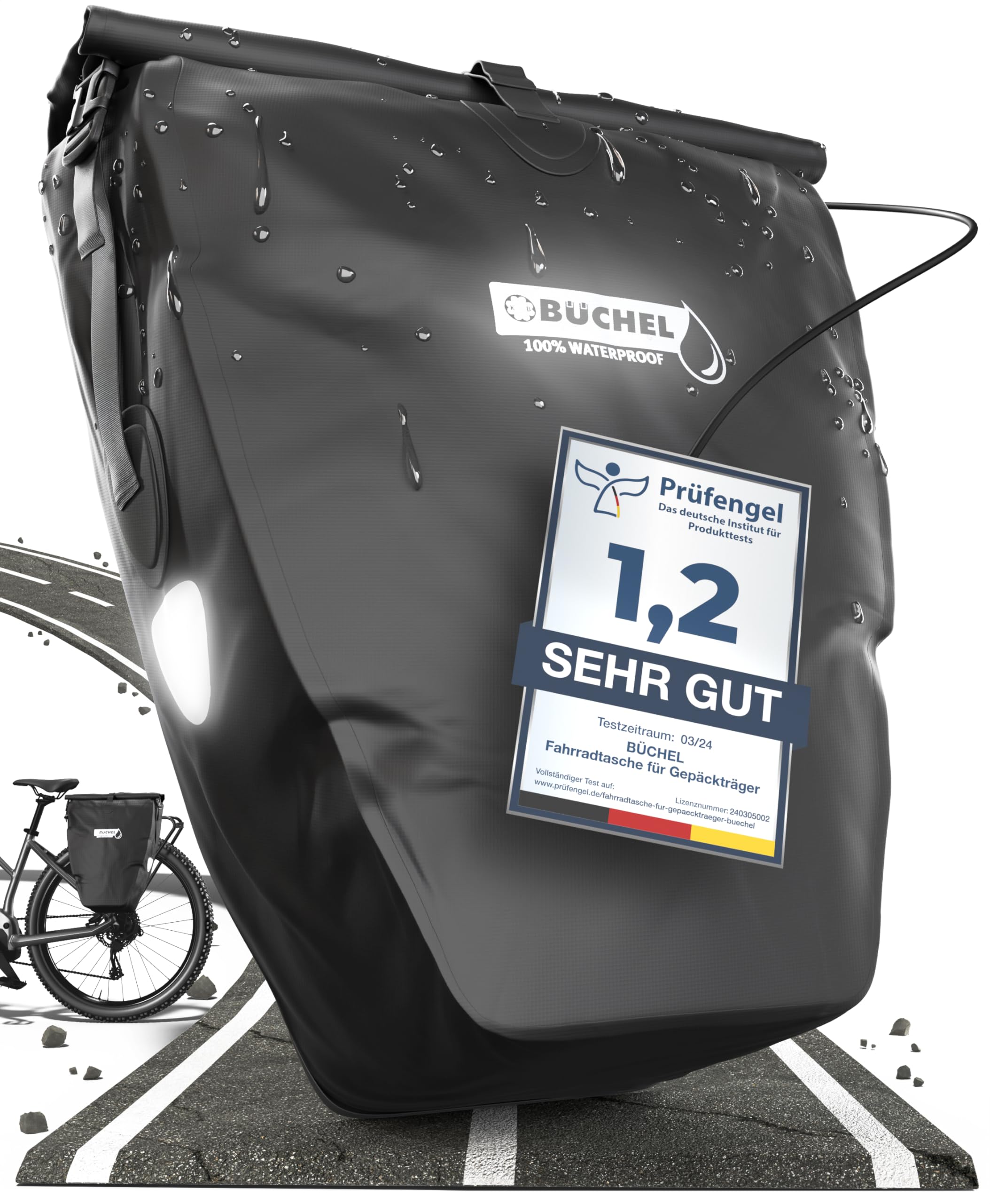 Büchel Pannier Bag, 25.4L, 100% Waterproof, with Carry Handle and Shoulder Strap, Rear Bicycle Bag
