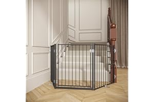 No Pawblems Free Standing Dog Gate with Door, 30'' Tall Foldable Dog Fence for Indoor & Outdoor, Up to 78 Inch Extra Wide Puppy Gate for Stairs, Hallways, Doorways, Deck, Yard (Black, 3 Panels)