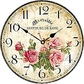 Toudorp Home Clock 14 Inch Silent Non-Ticking Quartz Movement Wooden Wall Clock Round Battery Operated Indoor Decorative Wall Clocks Vintage French Floral Wall Clock (Pink Roses)
