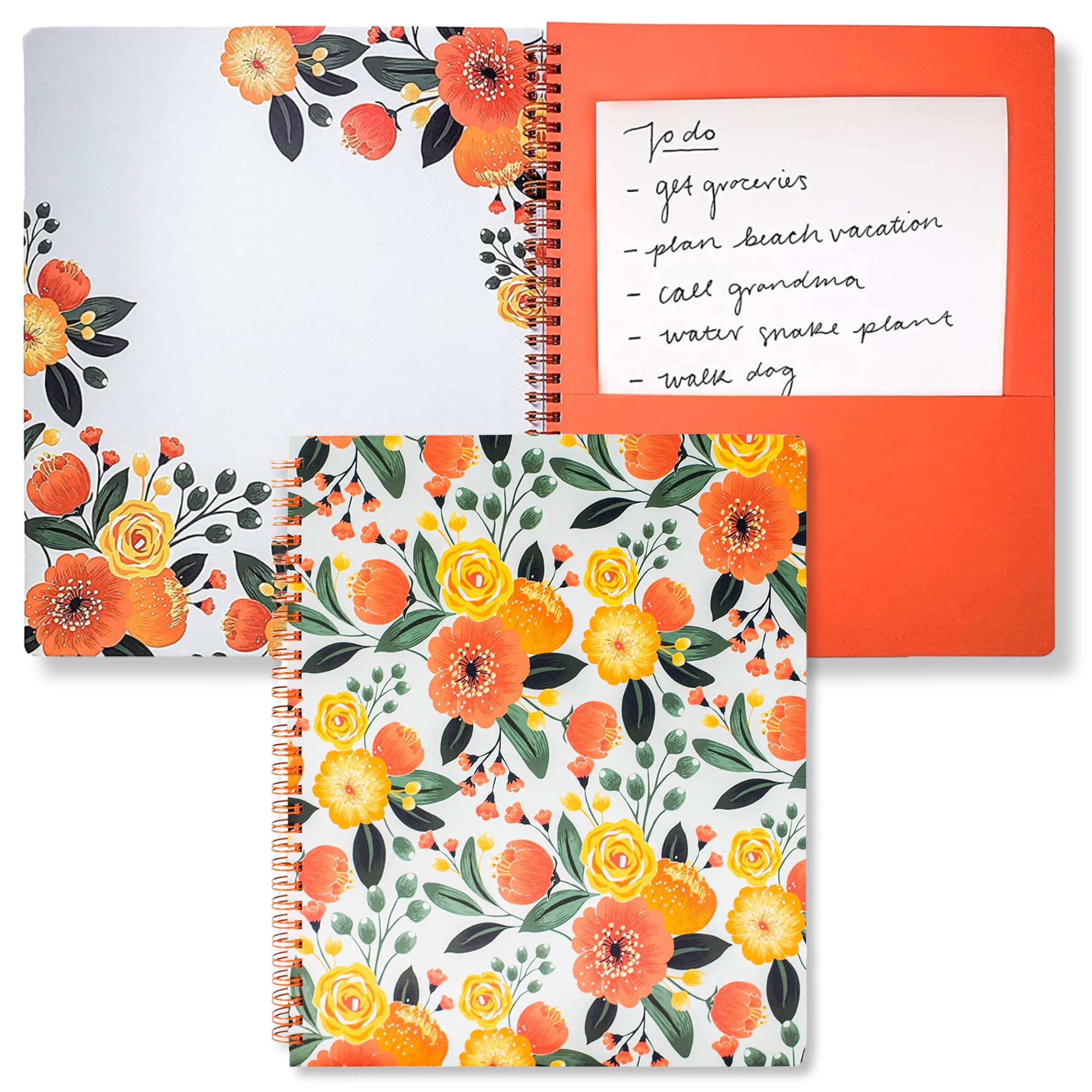 Steel Mill & Co Cute Large Spiral Notebook College Ruled, 11" x 9.5" with Durable Hardcover and 160 Lined Pages, Orange Floral