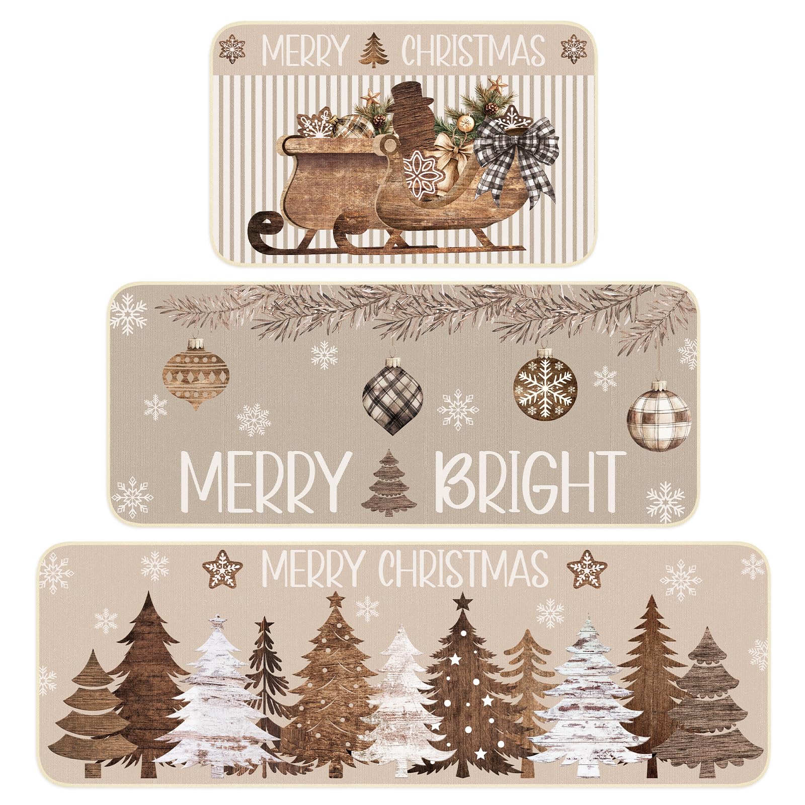 Photo 1 of Layhit 3 Pcs Brown Christmas Kitchen Rugs and Mats Set Merry Christmas Kitchen Rugs Absorbent Anti Fatigue Brown Trees Mat for Xmas Party Home Decor 20'' x 59'', 20'' x 47'', 20'' x 32''
