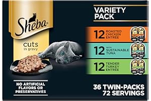 Sheba Perfect Portions Wet Cat Food Cuts in Gravy, Roasted Chicken Entree, with Sustainable Tuna, Tender Turkey Entree, 2.6 oz. Twin-Pack Trays (36 Count, 72 Servings)