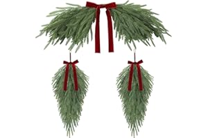 Syhood 3 Pack 24 Inch Christmas Greenery Teardrop Swag Arch Wreath Sets with Red Velvet Ribbon Bow Artificial Realistic Norfolk Pine Greenery Decor for Outdoor Indoor Window Mirror Wall Front Door