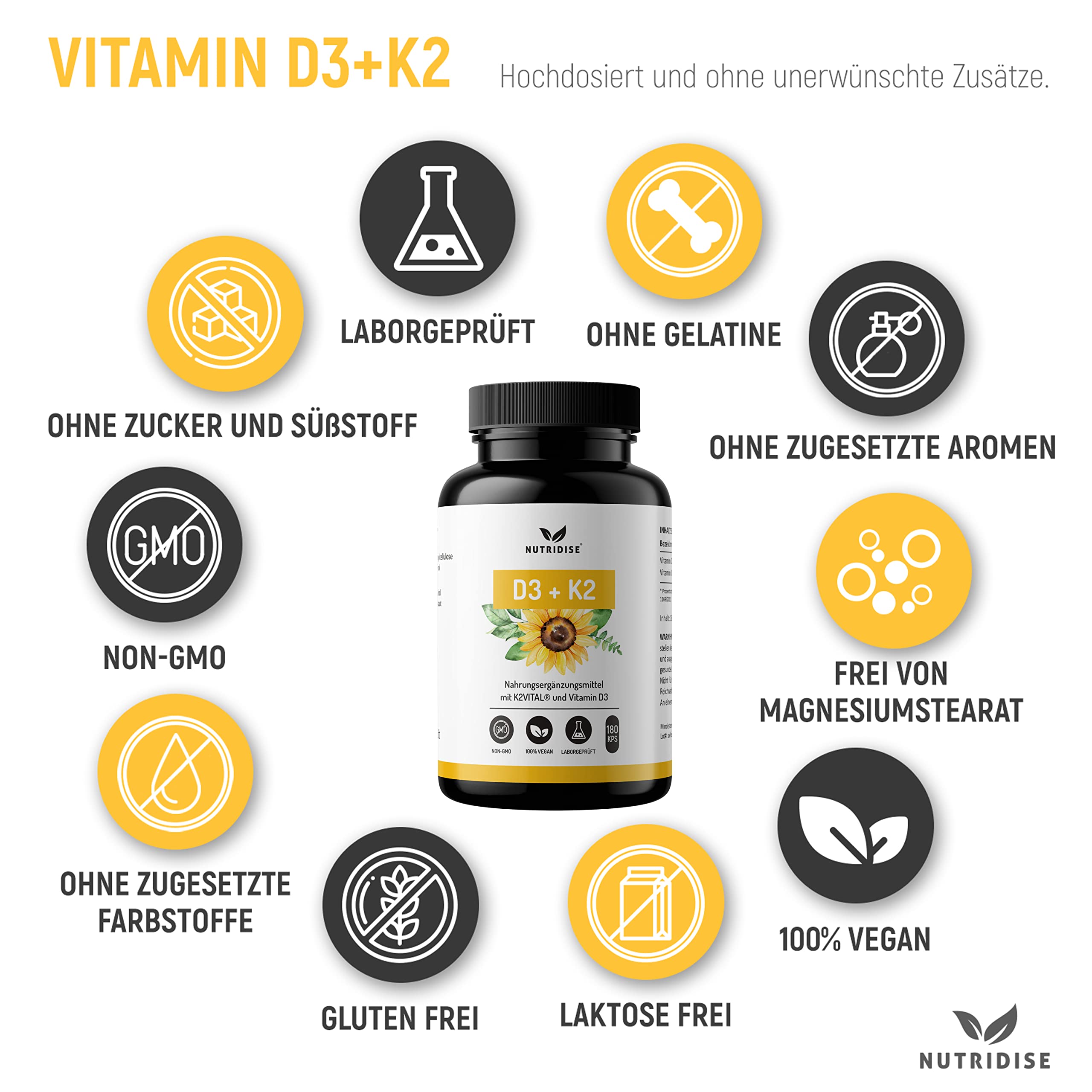 Nutridise Vitamin D3 + K2 Kapseln – 1000 IE D3 + 100 µg K2VITAL MK7 99,99% Trans-Form – optimales D3 / K2 Verhältnis - hochdosiert, laborgeprüft - 180 Kapseln 2