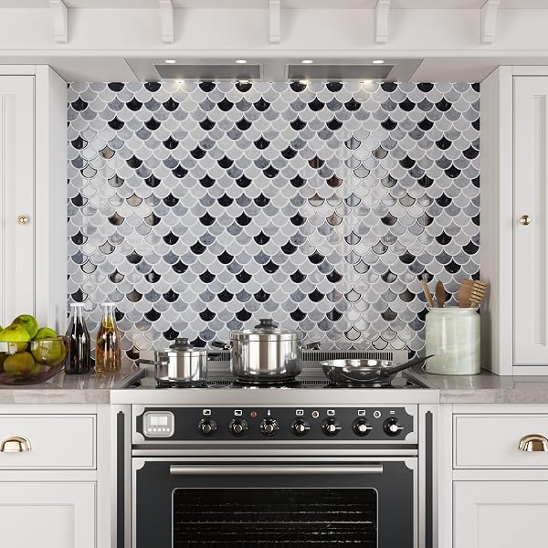 CRE8TIVE 16 SHEETS FISH SCALE PEEL AND STICK TILE BACKSPLASH BLACK GREY PEEL AND STICK BACKSPLASH FOR KITCHEN BATHROOM STICK ON BACKSPLASH FOR KITCHEN WATERPROOF SHELL WALL TILES FOR FIREPLACE 12″X12″