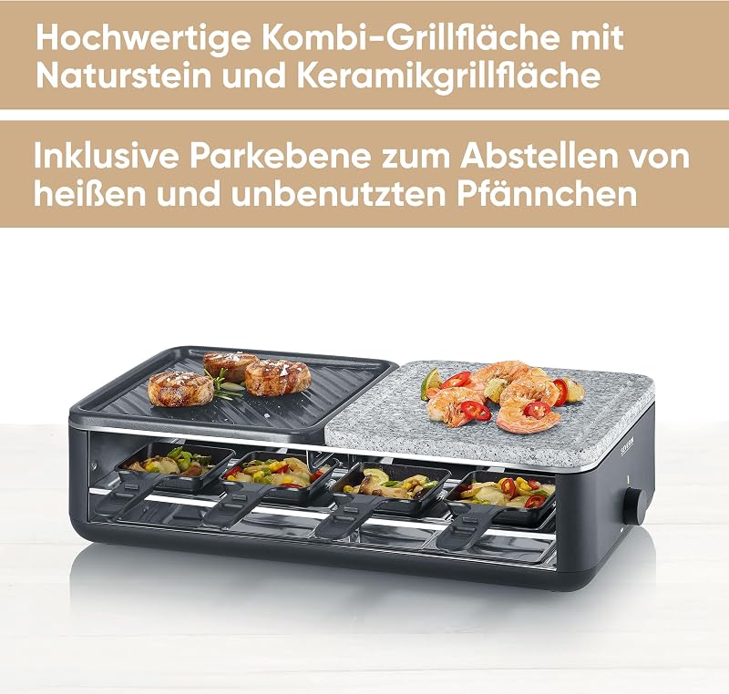 Raclette-Grill für 8 Personen, Naturgrillstein & antihaftbeschichtete-Grillplatte, Tischgrill mit extra tiefen Pfännchen, spülmaschinengeeignet, Black Line, RG 2366