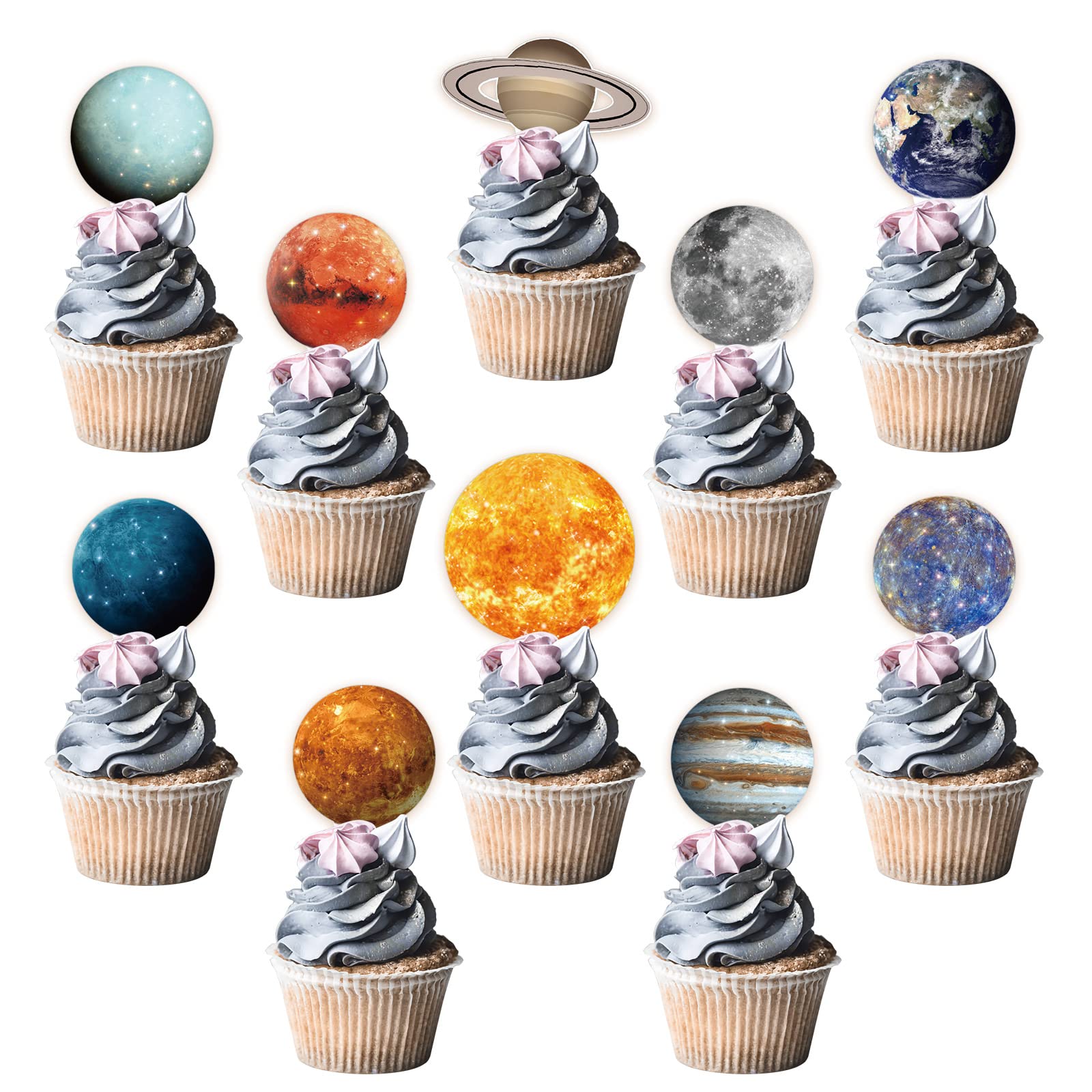 View 1 of Sabary 50 Pcs Space Cupcake Toppers Solar System Galaxy Universe Planets Picks Cake Topper Celestial Toppers for Boys Girls Space Themed Party Solar System Birthday