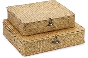 BTSKY Set of 2 Woven Storage Baskets with Lid, Retro Straw Storage Organizer for Home/Office Supplies Such as Towels, Clothin