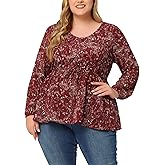Agnes Orinda Plus Size Blouses for Women Floral Print Long Sleeves Belt Tie Ruffle Casual Peplum Top Shirts