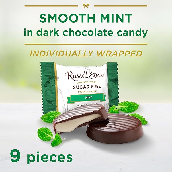 RUSSELL STOVER SUGAR FREE DARK CHOCOLATE MINT PATTIES CANDY, 4.5 OZ. BAG