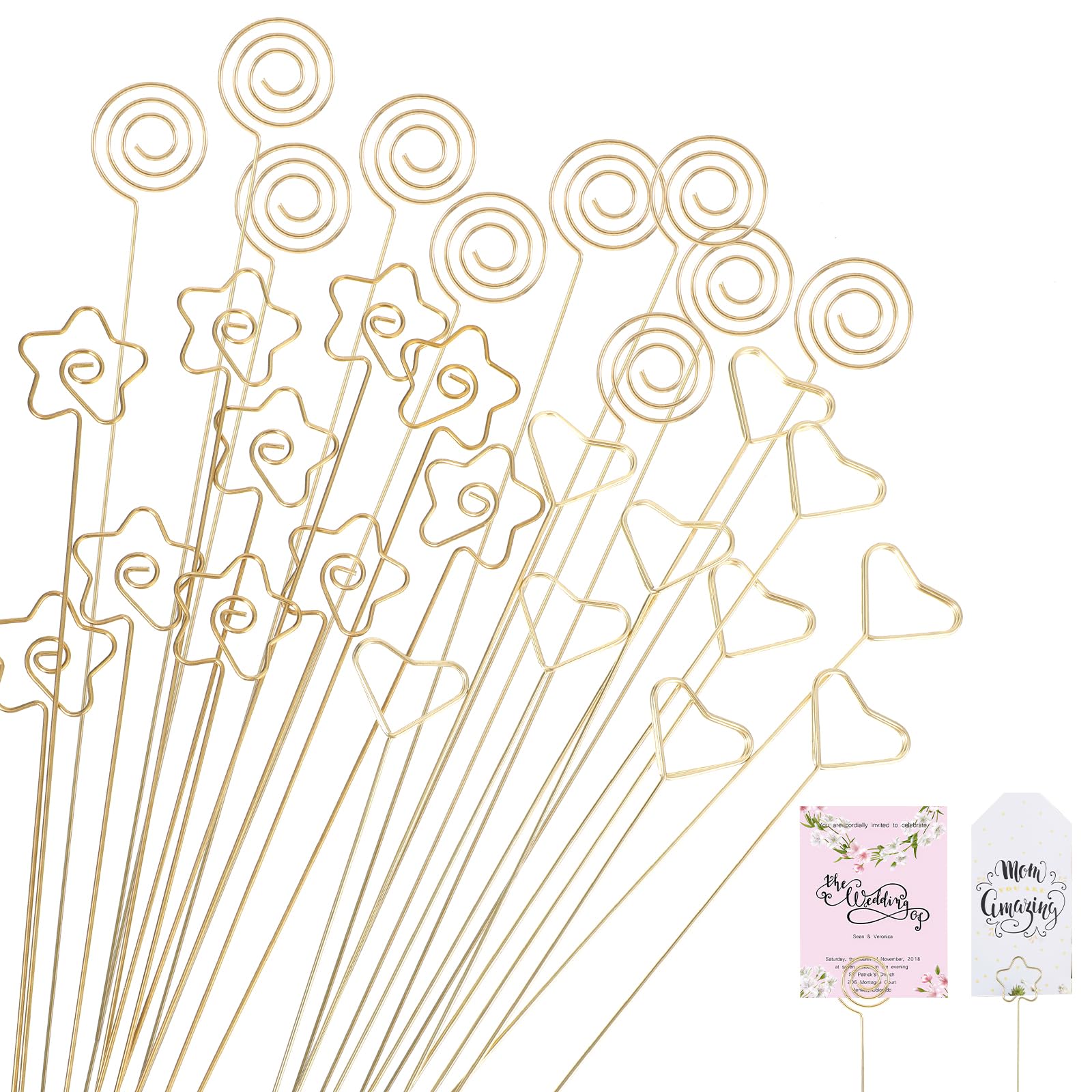 Photo 1 of 30 Pcs Flower Card Holder Stick 13inch Gold Metal Floral Picks for Flower Arrangements 3 Shape Card Holders For Wedding Place Cards Bridal Shower & Table Seating For Wedding Birthday Party