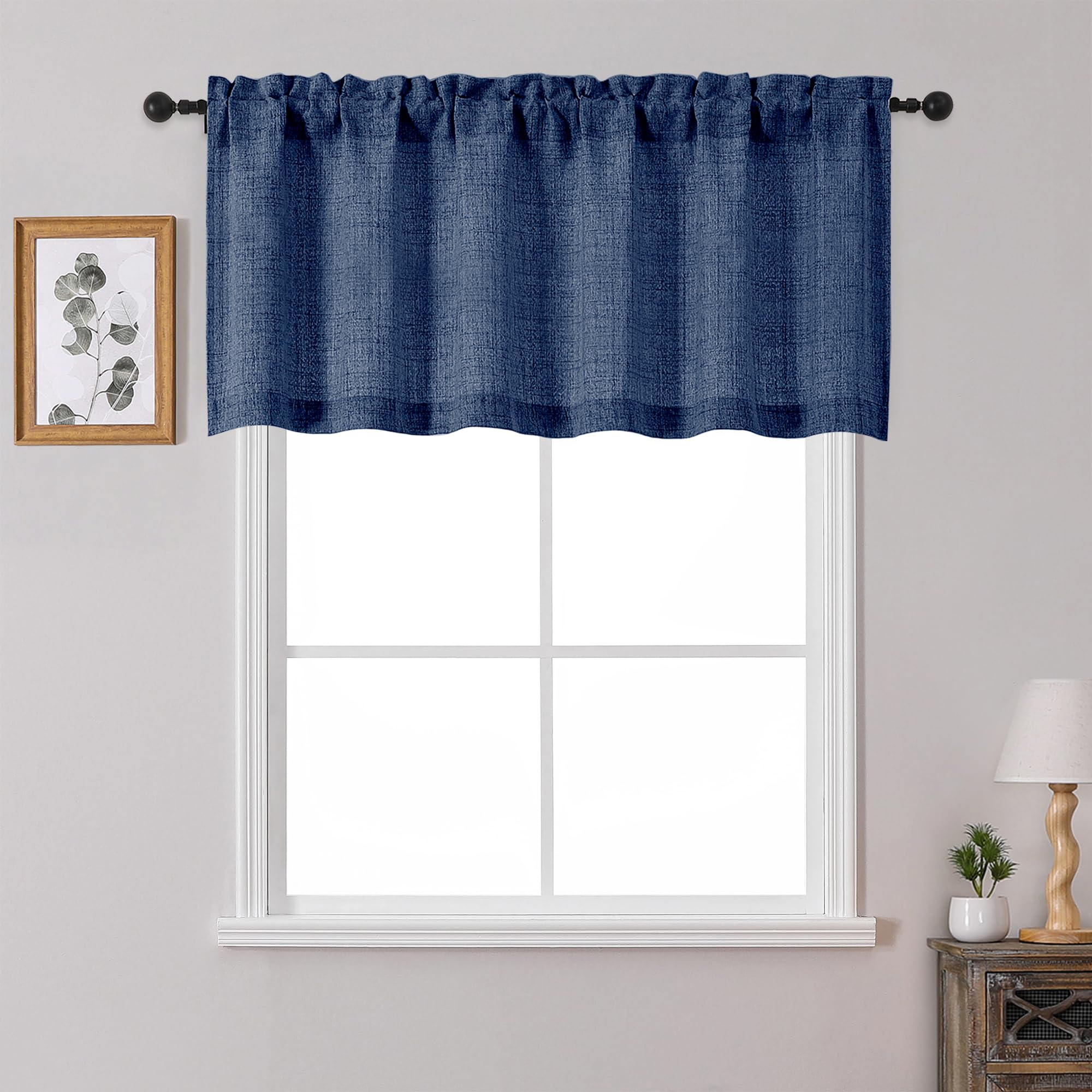 OWENIE Navy Blue Valances for Windows 1 Pcs 22 Inch Length, Light Filtering Textured Short Small Valance Curtains for Bathroom Basement Living Room, Half Window Curtains Over Sink, 60" W by 22" L