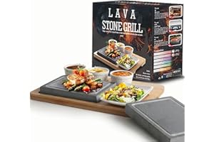 Artestia Hot Stone Grill Set for Steak, 2 Pcs Lava Rock Cooking Stones with Bamboo Serving Tray, 3 Sauce Bowls & Plate, Table