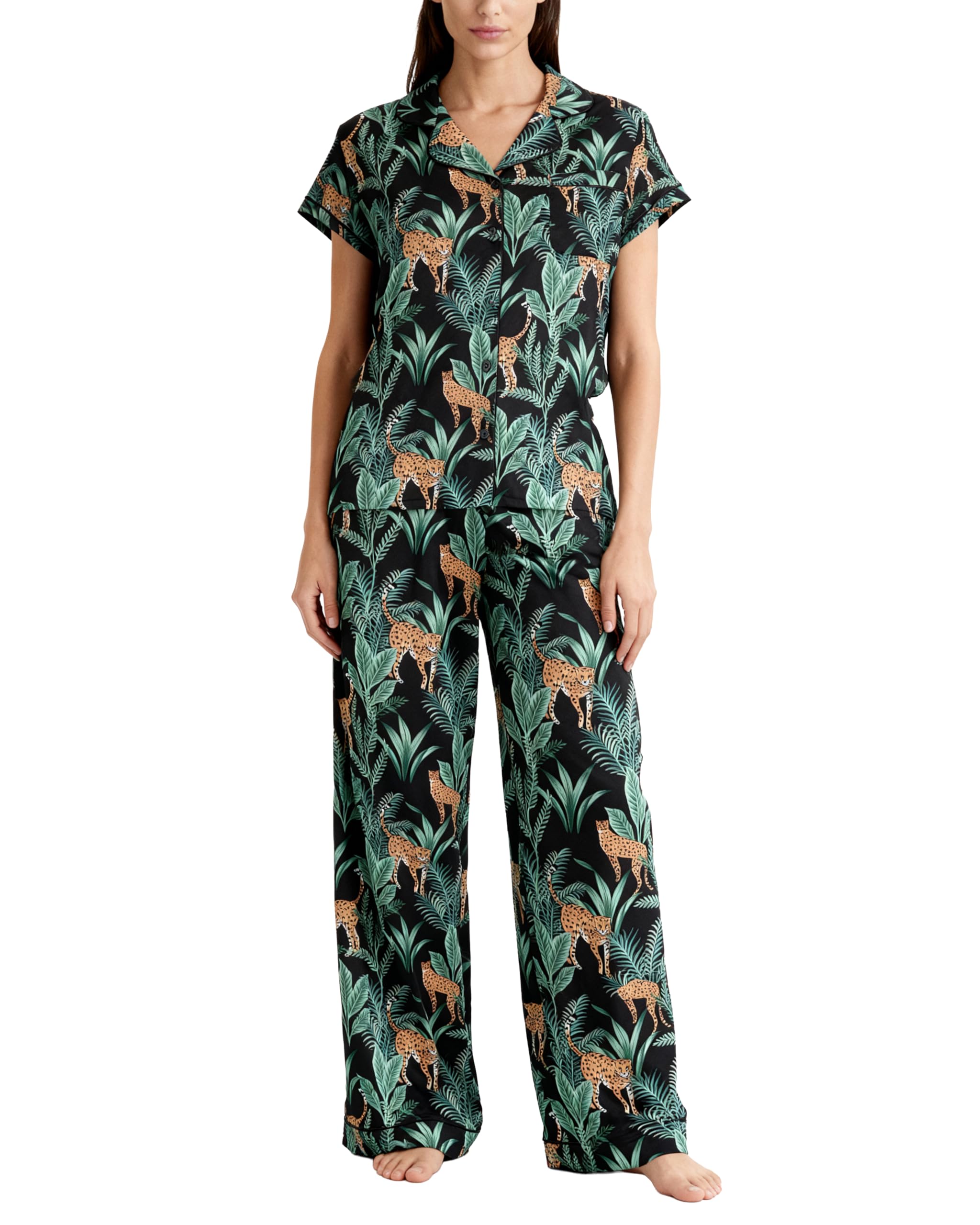 Rachel Zoe Button Up Pajamas for Women Sets, Jersey Soft PJs with Button Down PJ Top and Long Pajama Pants (Green, Large)