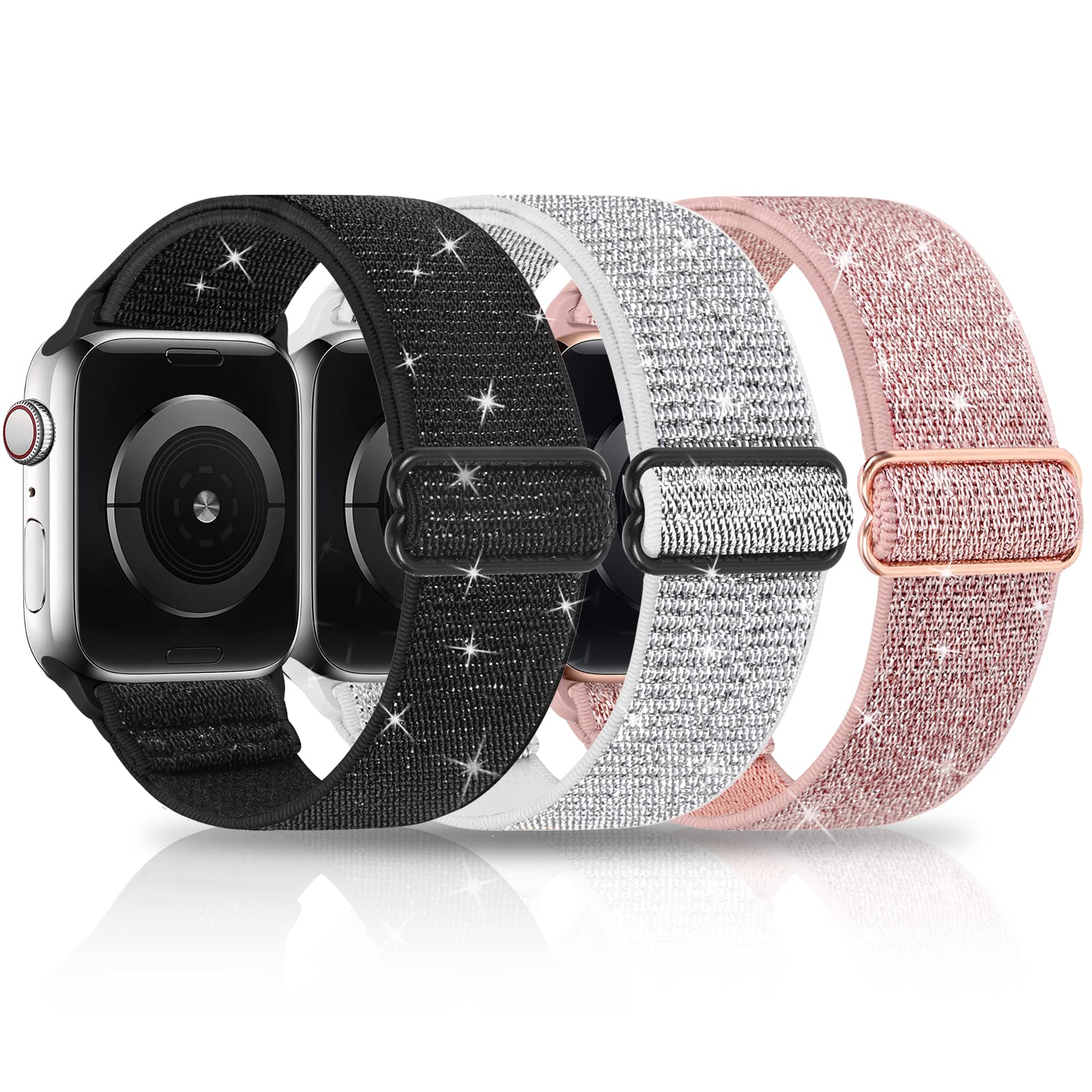 Stretchy Nylon Bling Straps Compatible with Apple Watch Strap 38mm 40mm 41mm 42mm 44mm 45mm 46mm 49mm, Adjustable Elastic Sport Women Men Band for iWatch Series Ultra 10 9 8 7 6 SE 5 4 3 2 1, 3 Packs