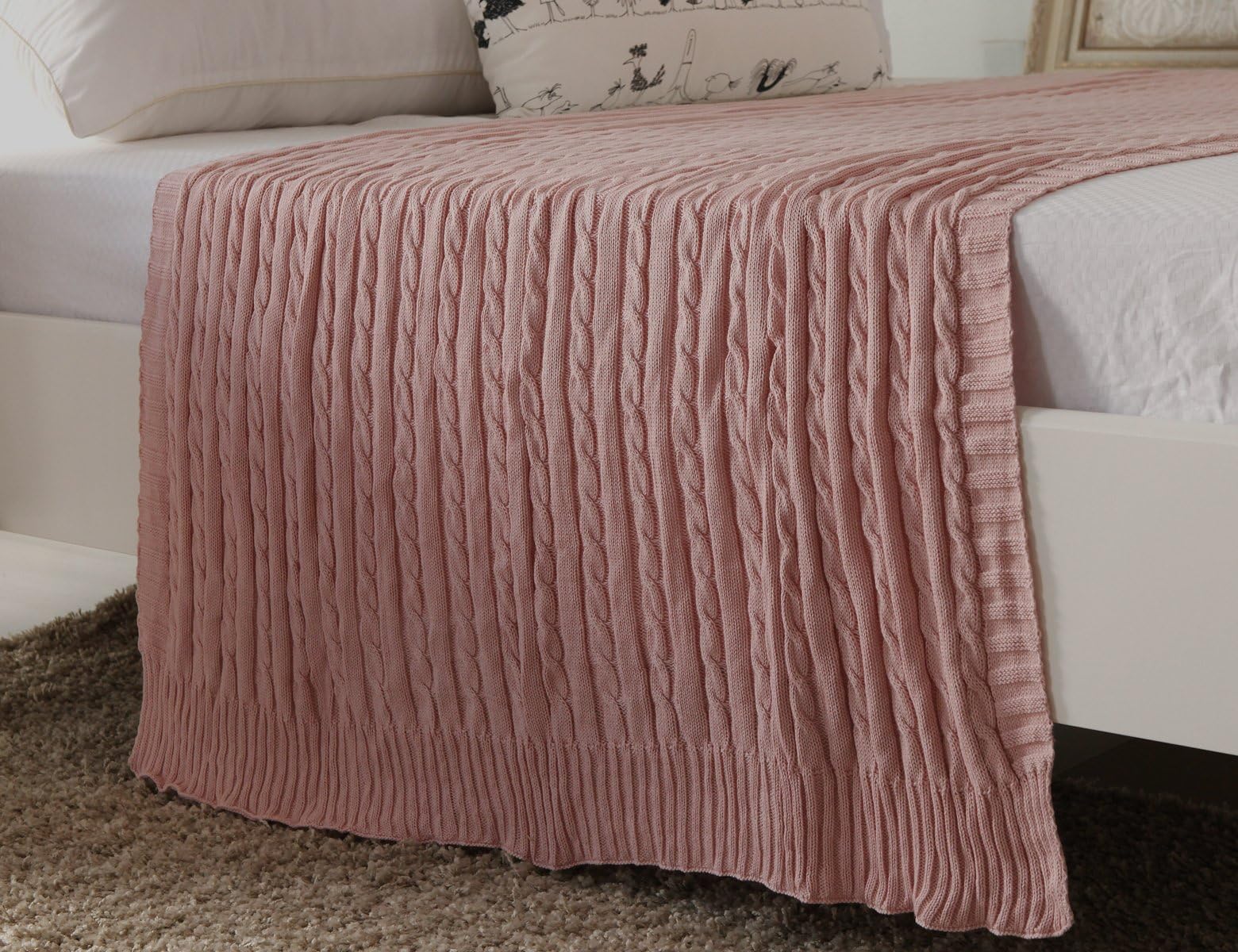 100% All Cotton Knit Throw for Sofa Classic Cable Pattern, 43x70 Inches, Lightweight Ideal for All Year Round Use, Flamingo Pink
