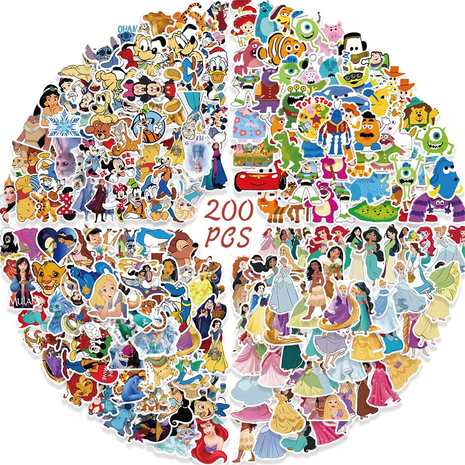 200Pcs Kids Stickers Pack Disney Princess Stickers Cute Cartoon Characters Deals Movie Decal Childrens Decorative Sticker for Kids Teens Adults Waterproof Sticker for Water Bottle Laptop Luggage