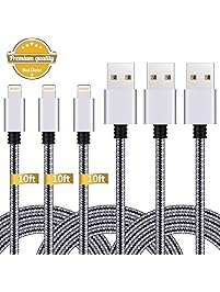 iPhone Charger,3Pack 10FT Lightning to USB Cable Nylon&nbsp;Braided Charging Cord Compatible with iPhone X 8 Plus 8 7 Plus 7 6 6S 6 Plus 5S SE iPod iPad Mini Air Pro (Black Gray)