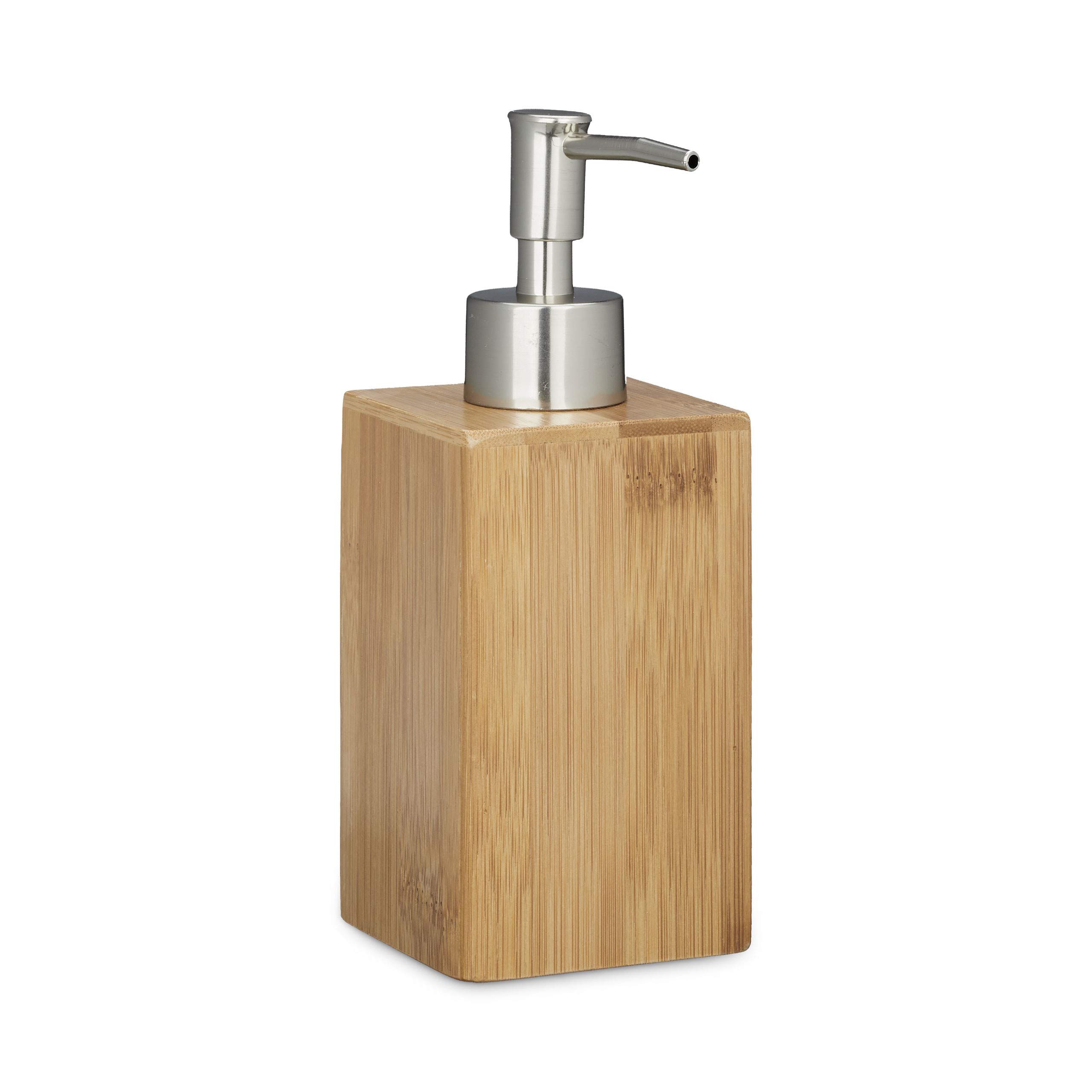 Relaxdays Bamboo Square Soap Dispenser, Manual, Size: 18 x 6.5 x 8 cm, Lotion Dispenser, Natural