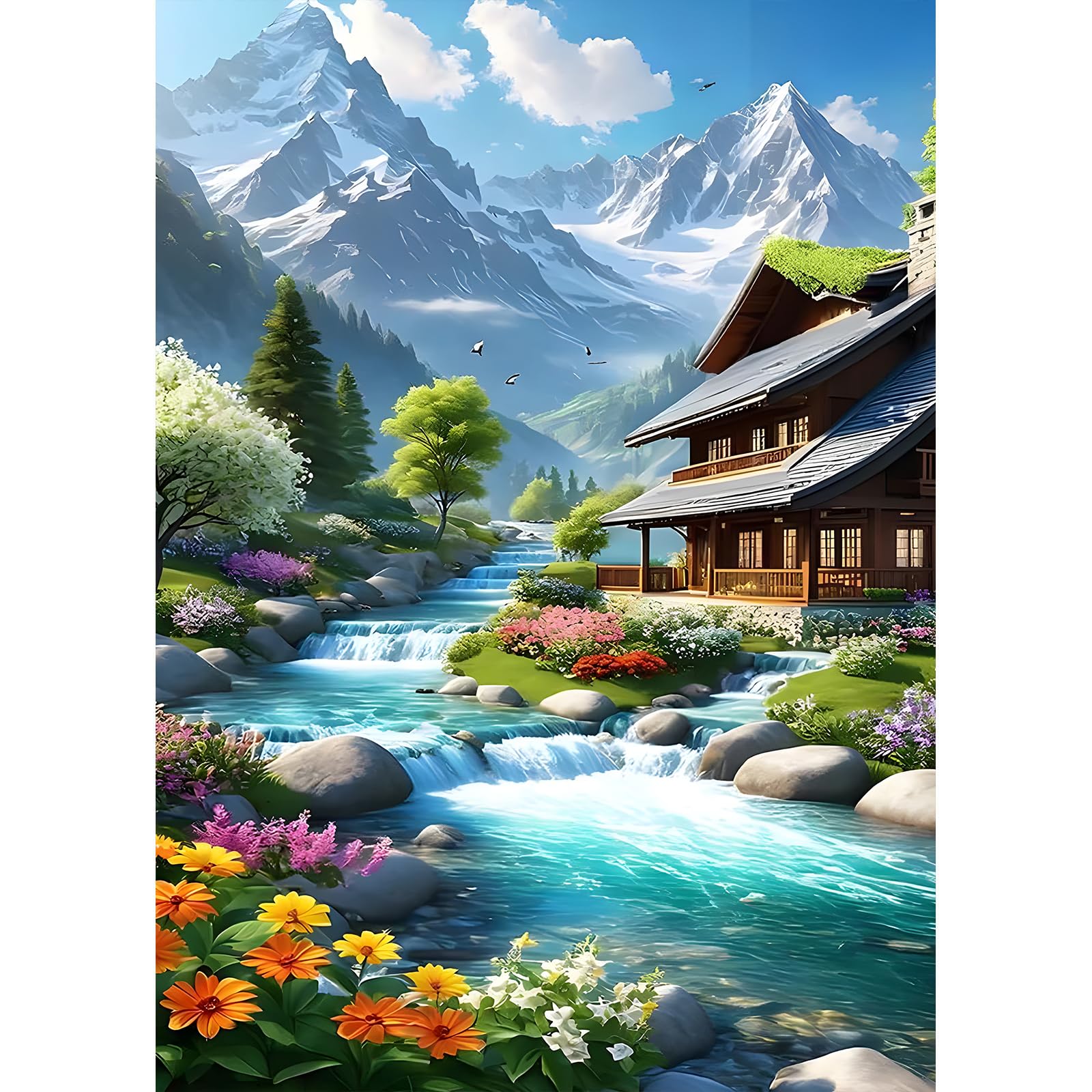 DPHERO DIY Snow Mountain Diamond Painting Kits for Adults,5D River Diamond Art Kits for Beginners,Round Full Drill Flowers Diamond Painting Art,DIY Painting by Numbers Diamond Art Painting 12x16 inch
