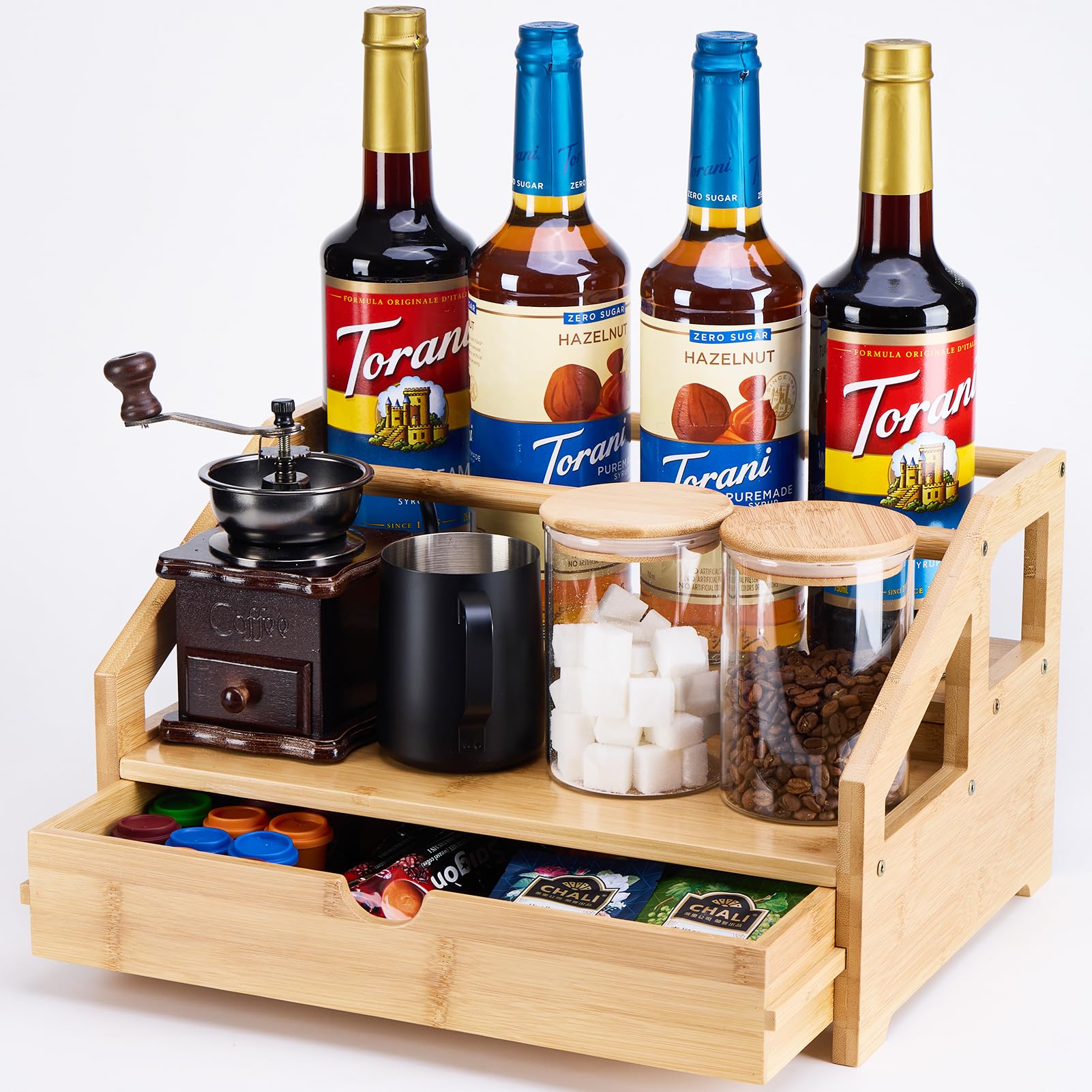 ESYTEOOT Bamboo Coffee Syrup Rack Organizer 3 Tier Rack with Cup ...