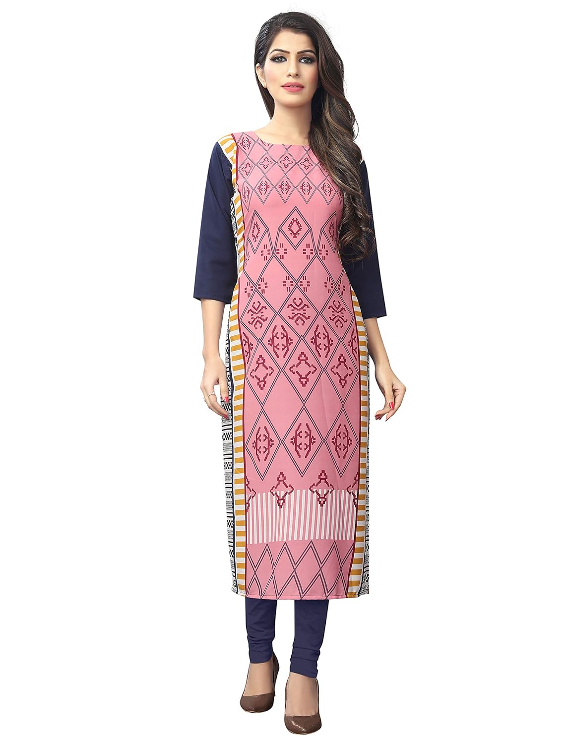 1 stop fashion women's pink-coloured crep knee long w style kurtas/kurti
