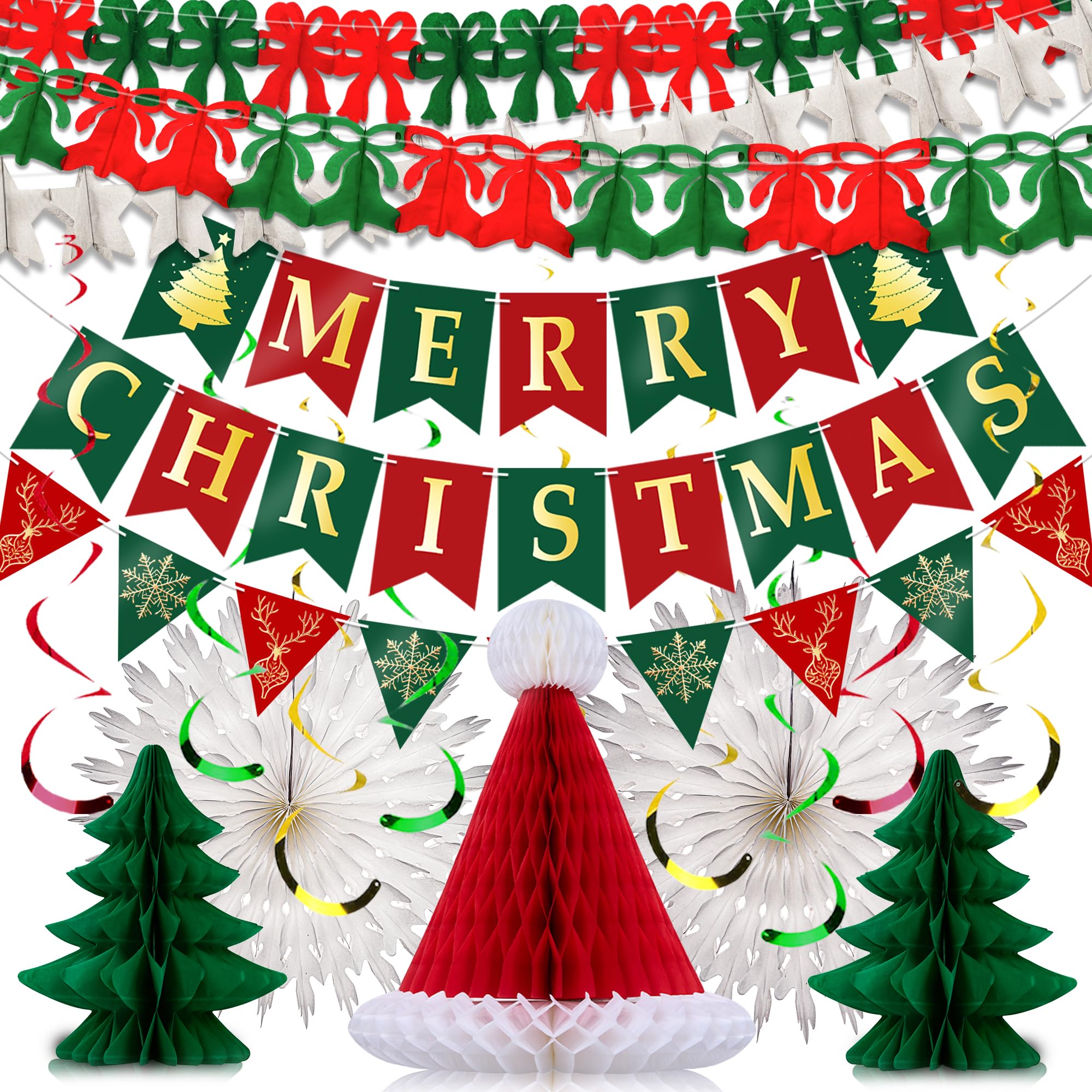 YBwanli Hanging Ceiling Paper Christmas Decorations Indoor-90s/80s Vintage Retro Christmas Decorations Party Set,Paper Xmas Room Decor for Home or Office