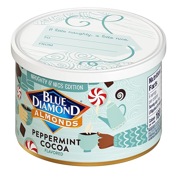 BLUE DIAMOND ALMONDS, PEPPERMINT COCOA HOLIDAY SNACK NUTS, 6 OZ(PACK OF 1),RESEALABLE CAN