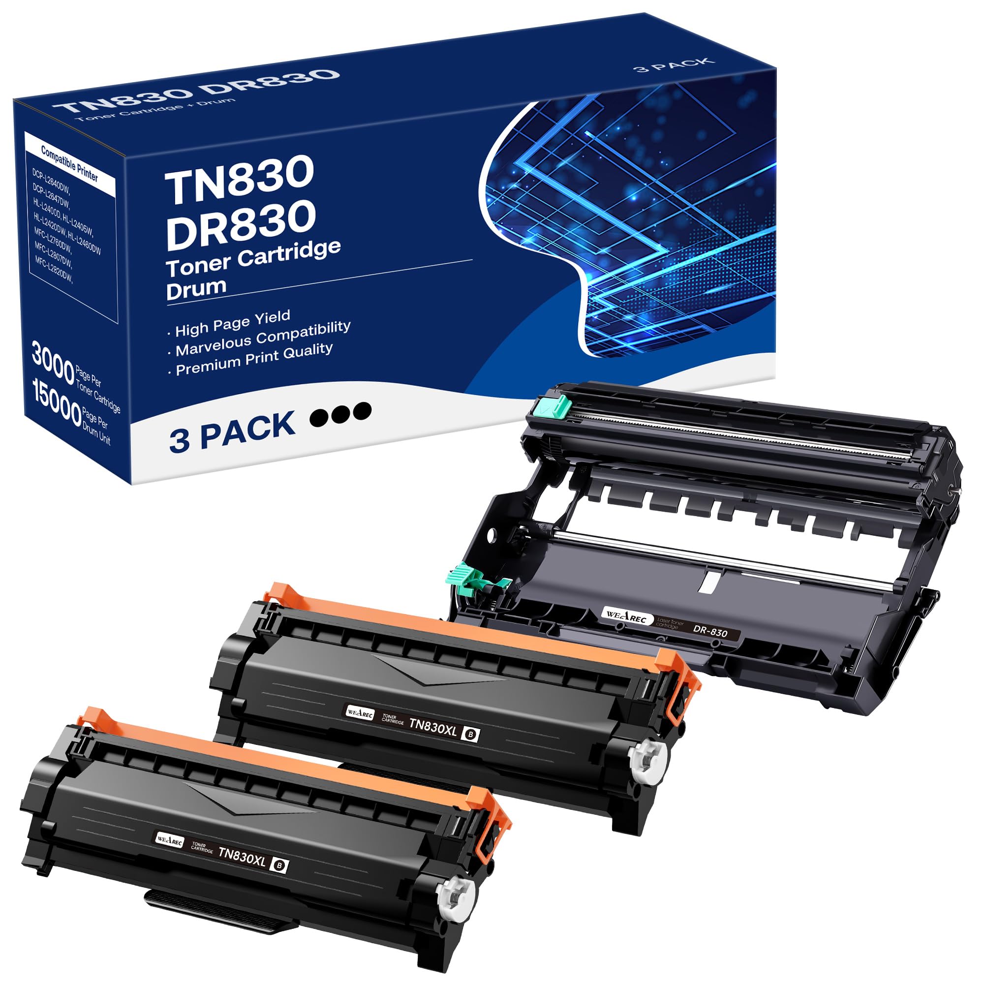Photo 1 of WEAREC TN830XL Toner Cartridge and DR830 Drum Unit Replacement for Brother TN830XL DR-830 TN830 Work with HL-L2405W HL-L2400D HL-L2460DW HL-L2465DW HL-L2480DW DCP-L2640DW MFC-L2820DWXL Printer