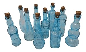 Vintage Glass Bottles with Corks, Bud Vases, Assorted Shapes, 5 Inch Tall, Set of 10 Blue