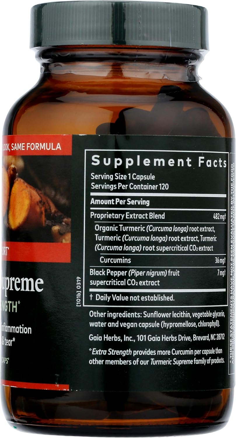Gaia Herbs, Turmeric Supreme Extra Strength, Turmeric Curcumin Supplement with Black Pepper, Daily Joint Support & Healthy Inflammatory Response, Vegan Liquid Capsules, 120 Count (packaging may vary): Health & Personal Care
