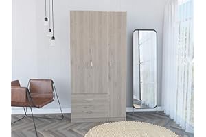 Tuhome Austral 3 Door Armoire with Drawers, Shelves, and Hanging Rod, Light Grey