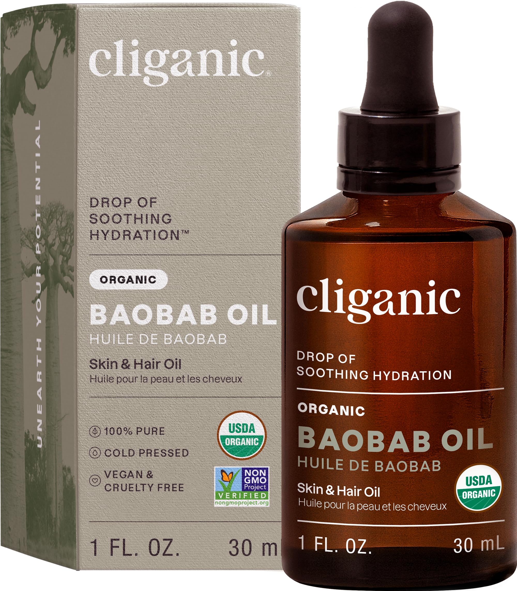 Cliganic Organic Baobab Oil (30ml), 100% Pure - For Face & Hair | Natural Cold Pressed Unrefined