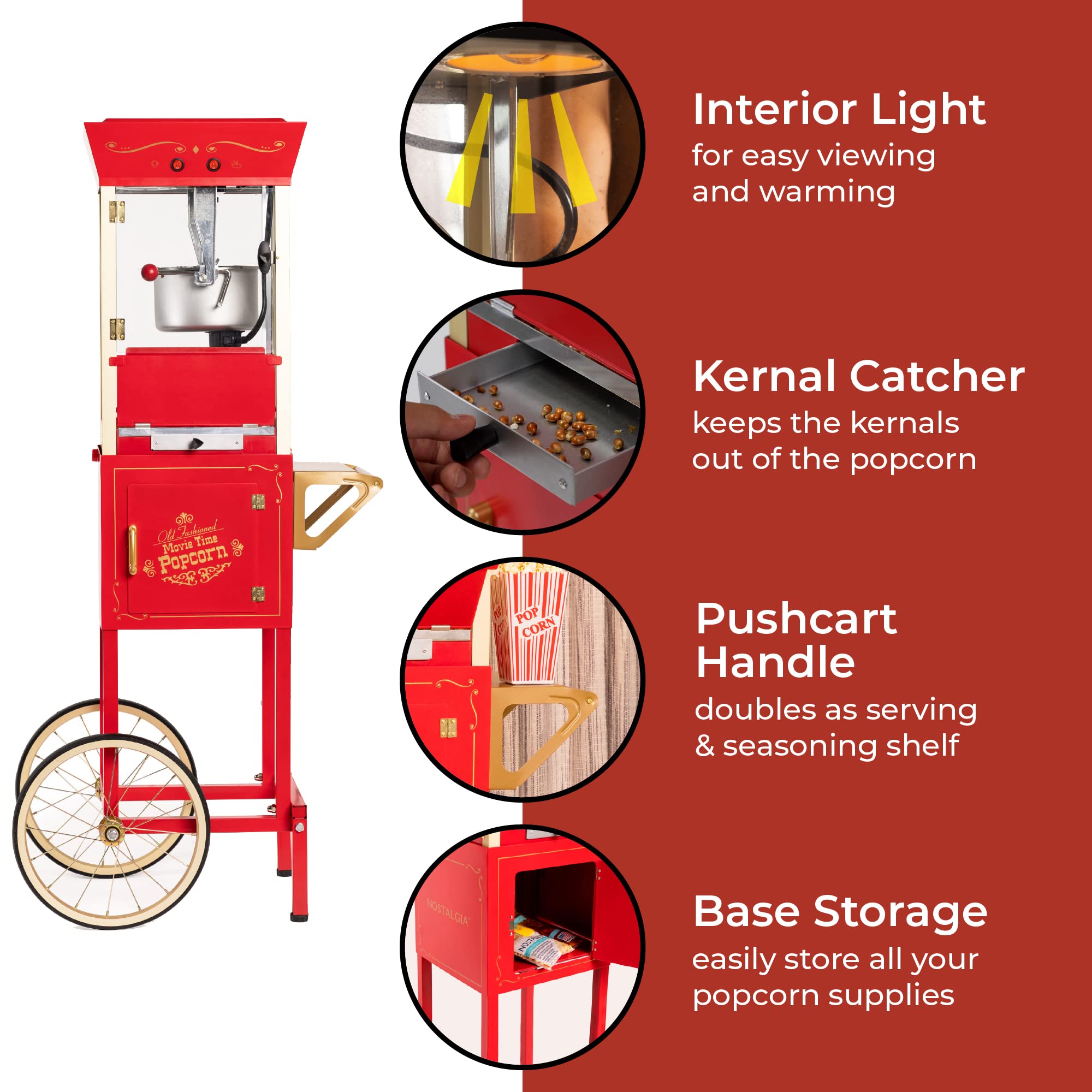 Nostalgia Popcorn Maker Machine - Professional Cart With 8 Oz Kettle Makes Up to 32 Cups - Vintage Popcorn Machine Movie Theater Style - Red