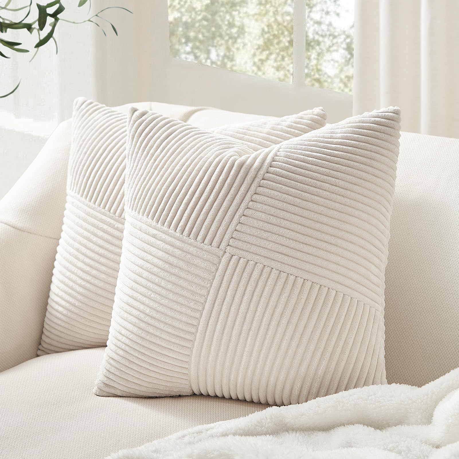Topfinel Corduroy Cushion Covers 45x45 cm 18x18 Inch Set of 2 Cream Patchwork Pinwheel Throw Pillow Cases with Invisible Zipper Boho Decorative Sofa Cushion Covers for Living Room Bedroom Sofa Bed