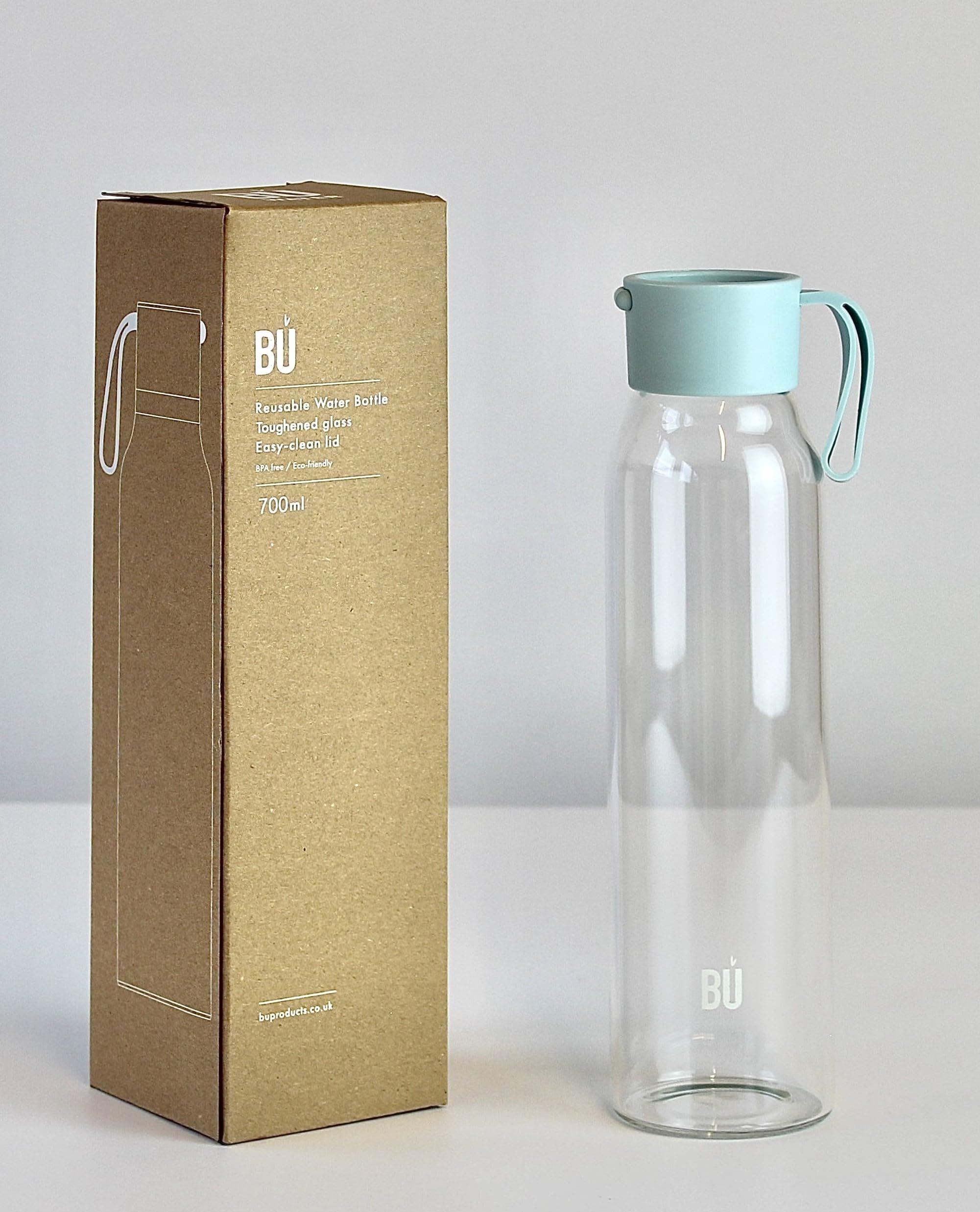 BU Products Glass Water Bottle, 700ml, Mint or Blush, Leak Proof, Antibacterial, BPA Free, Bamboo Charcoal Filter Compatible, for Travel and Everyday Use (Mint Green)