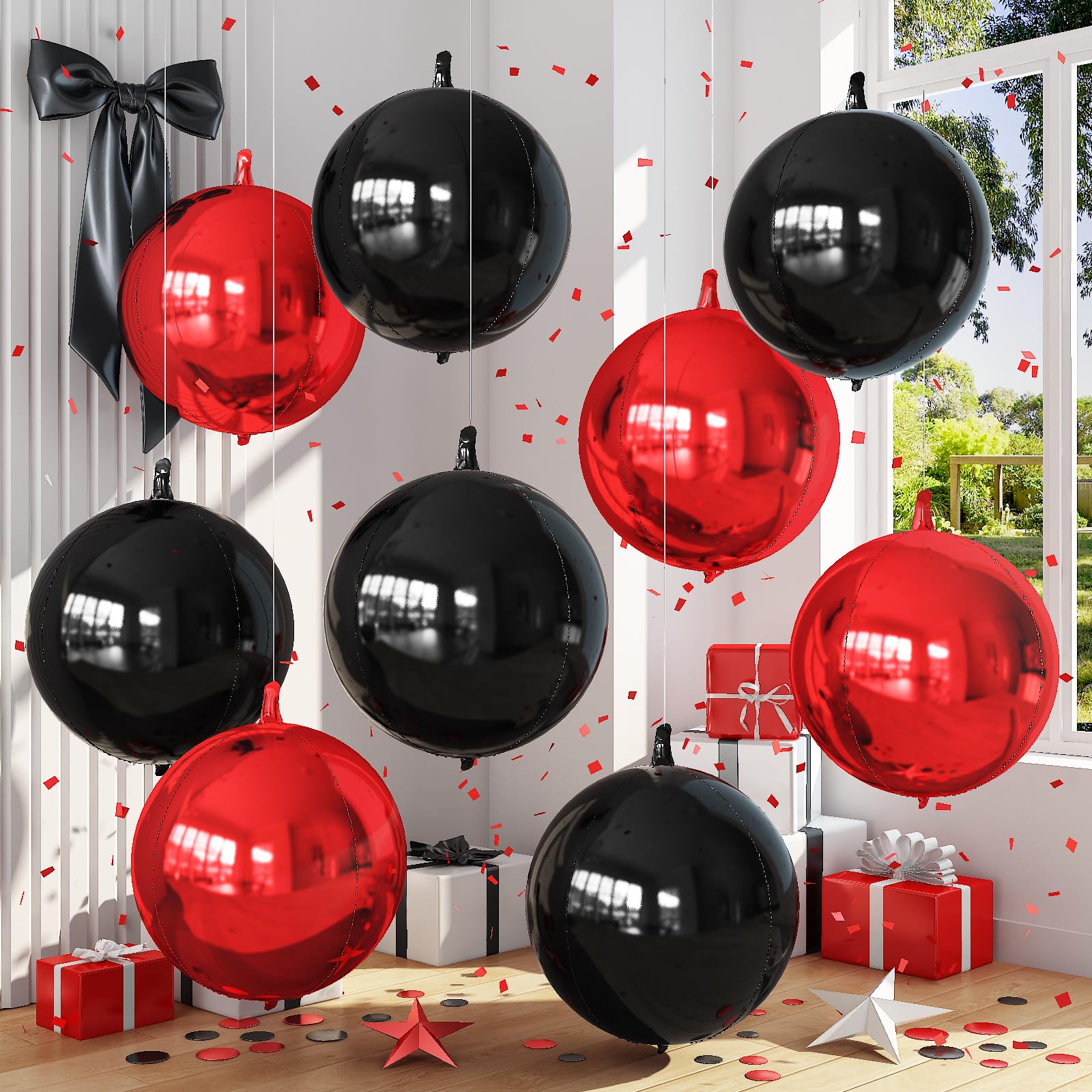 Froova 9 Pcs Black Red Round Foil Balloons Black Metallic Dark Deep Red Chrome 4D Ball Balloons 22 In Orbz Mylar Balloon for Graduation Grad Birthday Wedding Anniversary Disco Party Decorations