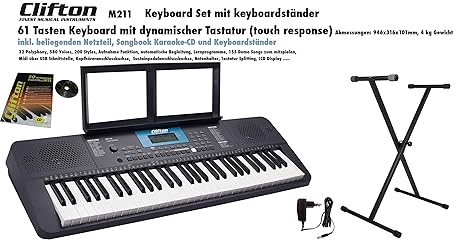 Clifton Keyboard M211, USB, MIDI, 61 anschlagdyn. Tasten, Netzteil, Komplettset mit Ständer Buch und Karoke CD