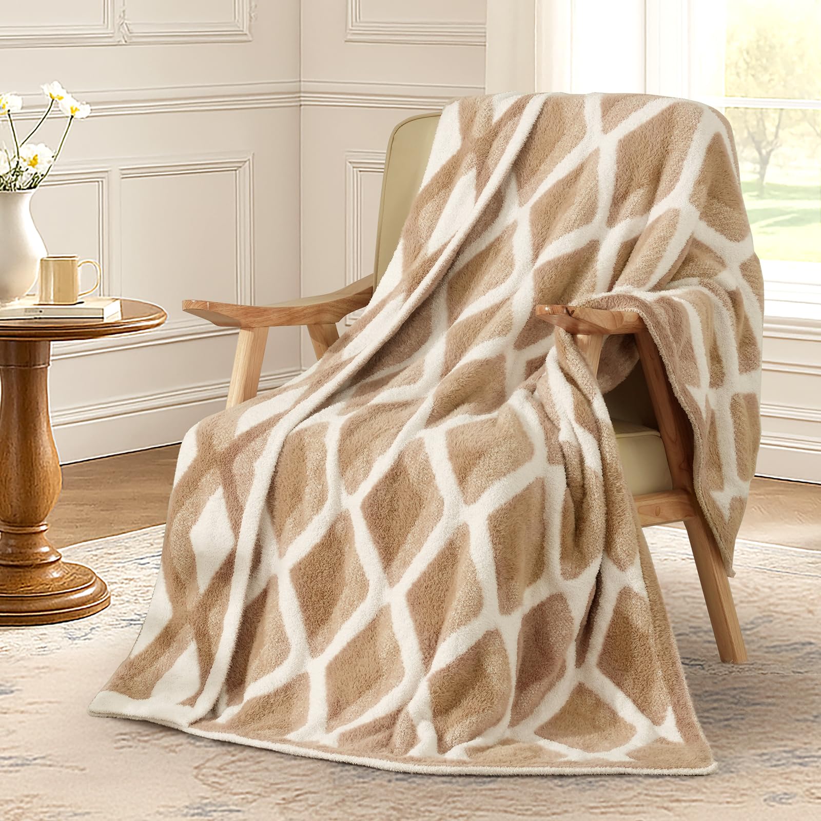 Amélie Home Checkered Throw Blanket for Couch Bed Sofa, Reversible Ultra Soft Cozy Warm Blanket for Living Room Bedroom, 50" x 60", Diamond Beige Image