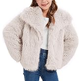 Flygo Girls Faux Fur Coat Kids Fluffy Long Sleeve Lapel Collar Open Front Jacket Warm Winter Shaggy Outwear with Pockets